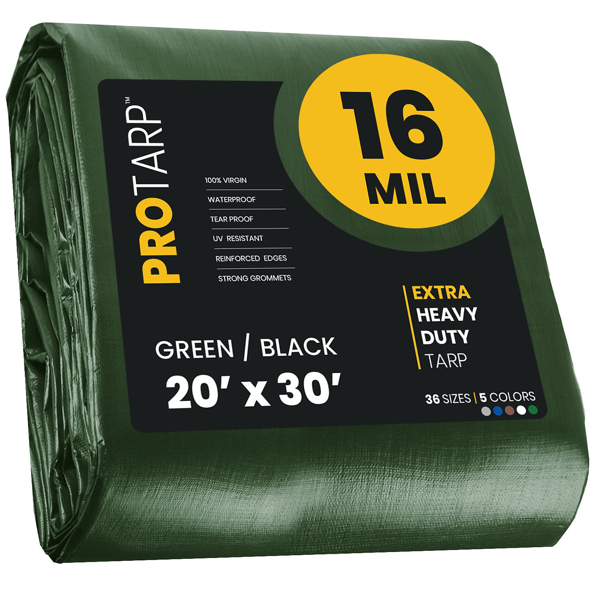 PROTARP Extra Heavy Duty 16 Mil Tarp Cover, Waterproof, UV Resistant, Rip and Tear Proof, Poly Tarpaulin with Reinforced Edges for Roof, Camping, Patio, Pool , Boat. (Green/Black 20' X 30')